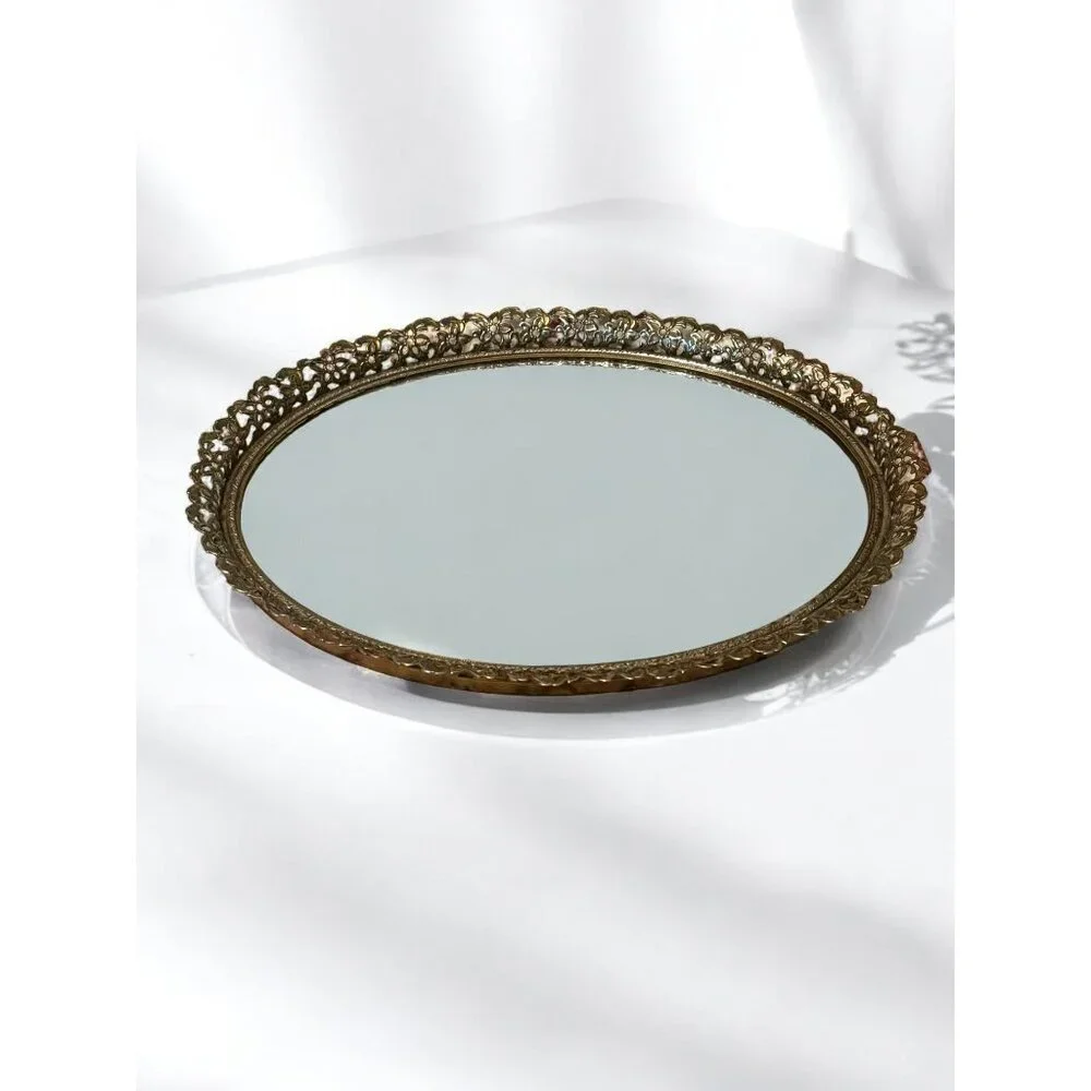 Vintage Ornate Brass & Glass Oval Vanity Tray or Wall Mirror